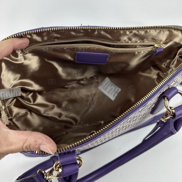 Iman Global Chic Logo Print Dome Satchel Handbag Purse Purple Gold Trim Ivory - Picture 7 of 16